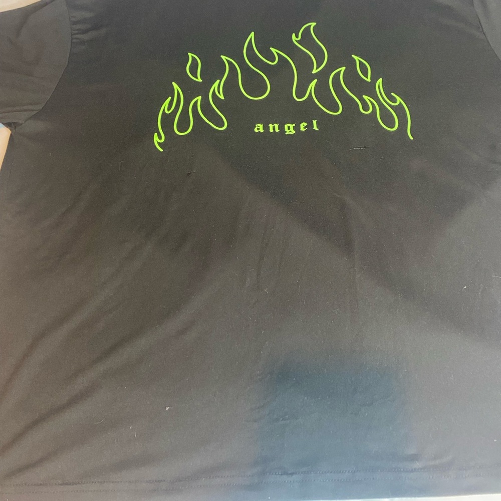 Black T-Shirt with Neon Green Flame Design
